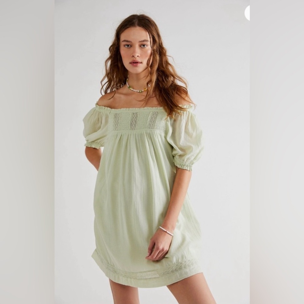 Free People La Mer One-Piece Mint Green Off-Shoulder Smocked Mini Dress Sz XS